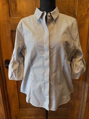 Chico's Black and White Striped Collared Top